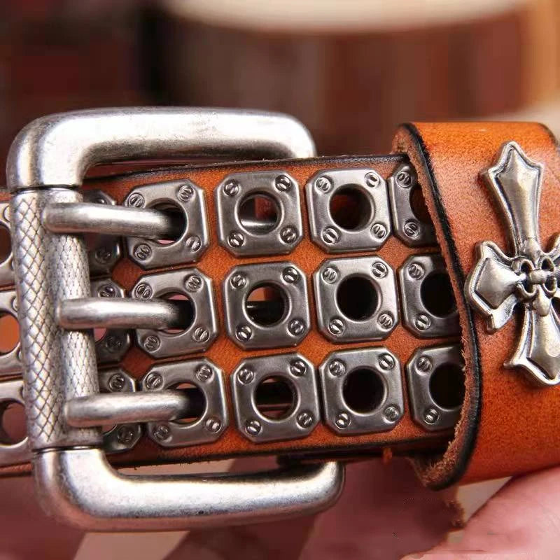 Studded Leather Belt Heavy Metal Style — Dark Brown | KIMLUD