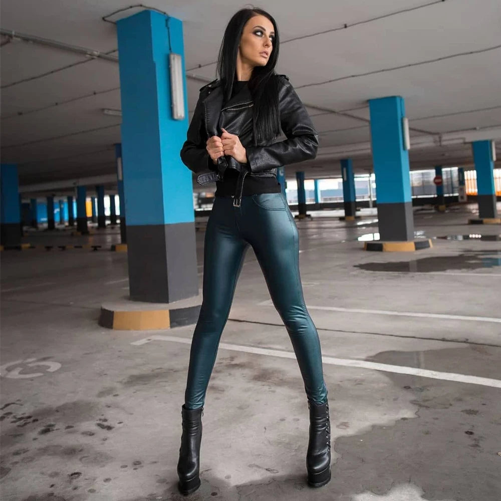 Shascullfites Melody Blue Faux Leather Trousers Wet Leather Pants Legging Ladies Leather Pants Hip Butt Shaper Long Leggings