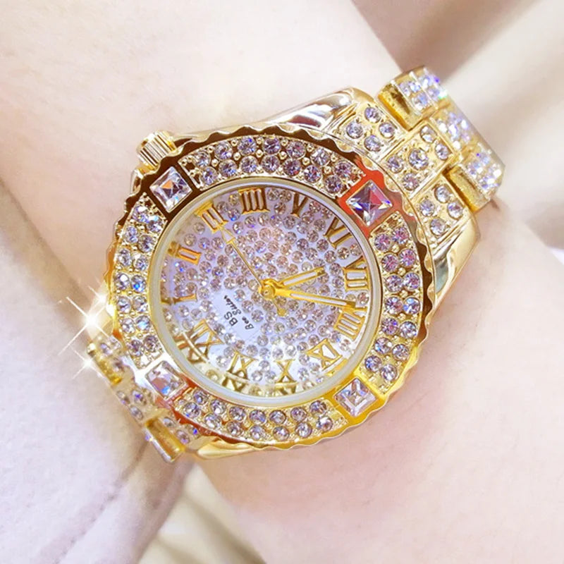 Stainless Steel Diamond Rhinestone Watch — Gold | KIMLUD