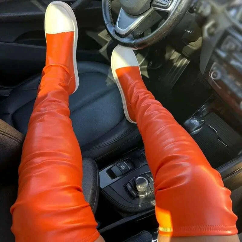 KIMLUD, Green/Orange 2025 Botas Largas Leather Over Knee High Flat Boots for Women, KIMLUD Womens Clothes