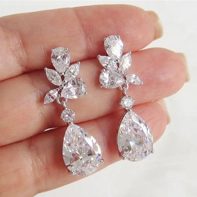 Crystal Drop Earrings Cubic Zirconia Bling — Silver | KIMLUD