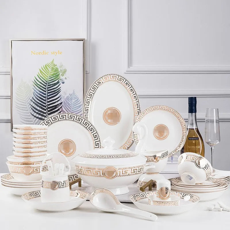 Bone China Dinnerware Set Minimalist Geometric Rim — Gold and White | KIMLUD