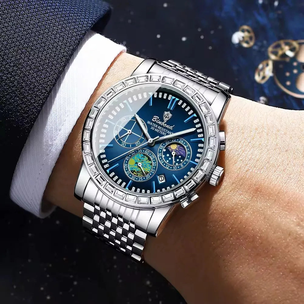 Stainless Steel Moon Phase Dial Watch — Silver | KIMLUD