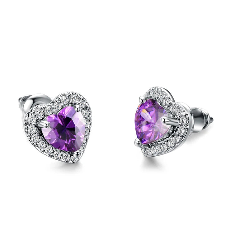 Cubic Zirconia Stud Earrings Heart Design — Assorted Colors | KIMLUD