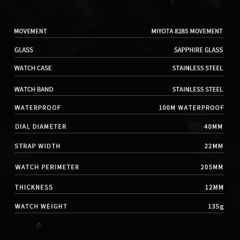 CADISEN Men's Mechanical Watches Luxury Meteorite Dial Automatic Watch For Men Week 100M Japan MIYOTA 8285 Movement Clock Man