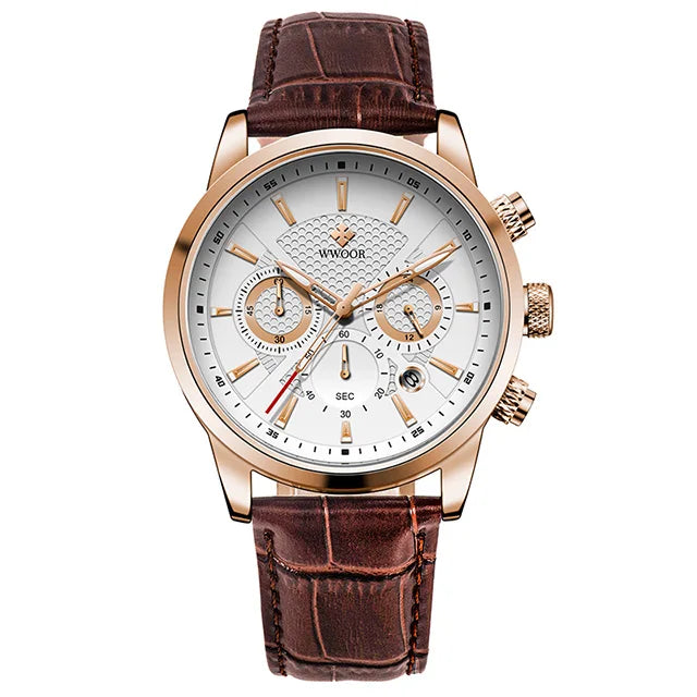 2024 New WWOOR Design Men Watches Top Brand Luxury Waterproof Leather Quartz Wristwatch Sports Chronograph Relogio Masculino+Box