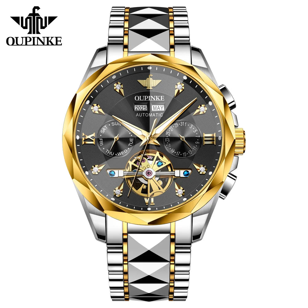 Oupinke 3316 Oem logo Hollow Design Business Tourbillon Waterproof Stainless Steel Luminous Automatic Mechanical Watch for Man