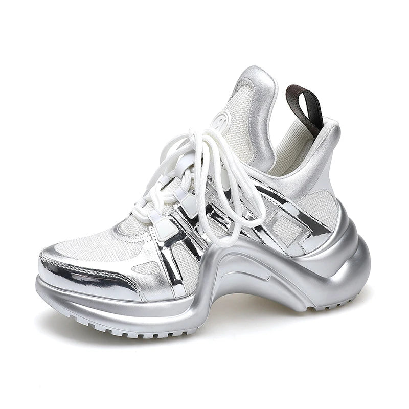Metallic Sneakers With Thick Lace — Silver | KIMLUD