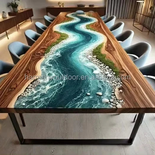 Solid Walnut Dining Table With Epoxy River Slab And Hand-Finished Edges — Deep Walnut | KIMLUD