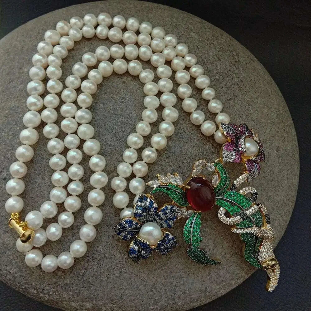 21-2-rows-white-round-freshwater-pearl-necklace-cz-pave-annimal-flower-monkey-gold-color-plated-pendant-luxury-wedding-kimlud-kimlud-33912910