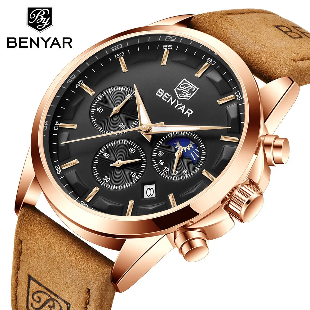 BENYAR 5160 Top Brand Men Quartz Wristwatches Fashion Sport Chronograph Watch Leather Waterproof Watch Men Reloj Hombre