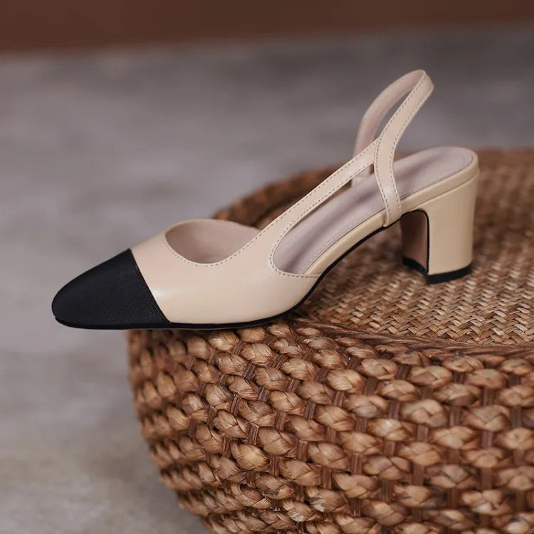 Genuine Leather Slingback Pumps Cap Toe — Beige Nude | KIMLUD