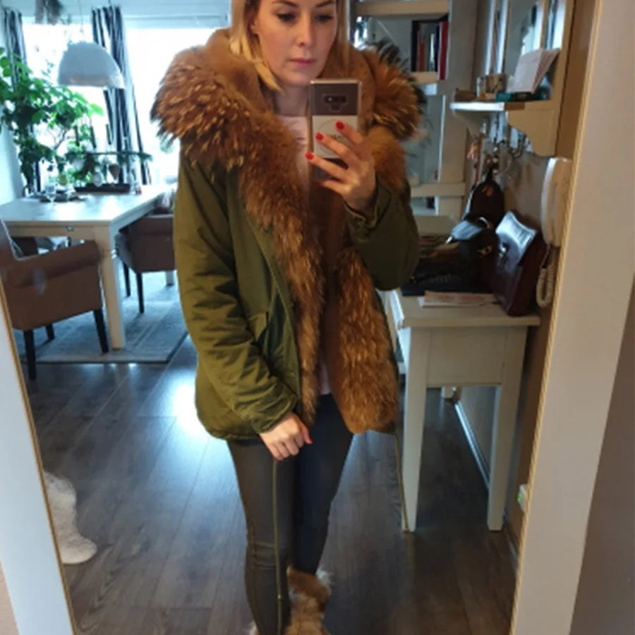 MAOMAOKONG Winter Clothes Women Natural Fur Coat Real Raccoon Fur Collar Parkas Remove Faux Fur Lining Warm Thick Short Jacket