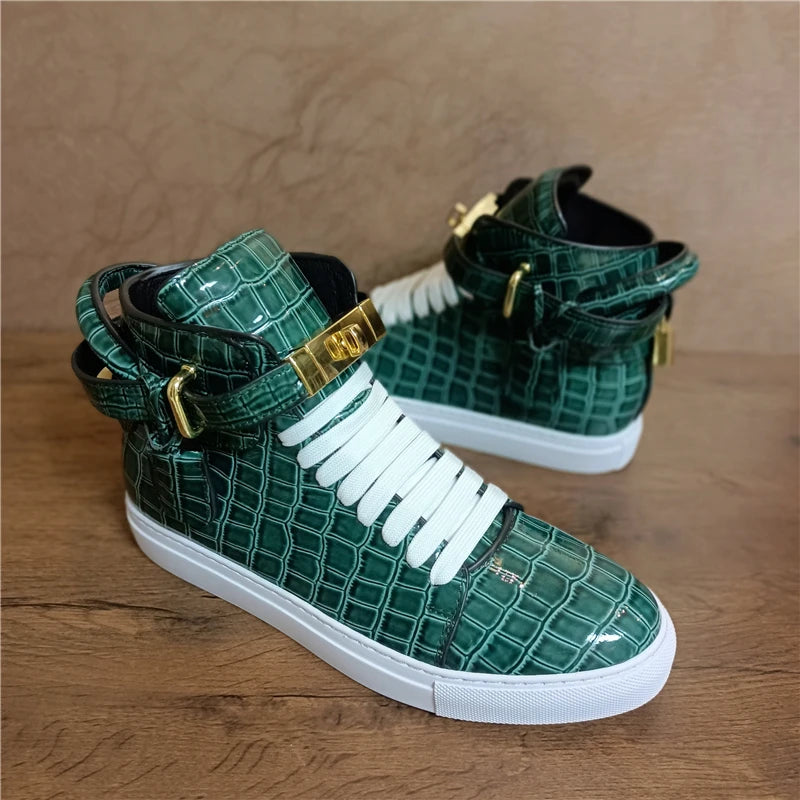 High Top Sneakers – Gold Buckle – Crocodile Pattern Leather | KIMLUD