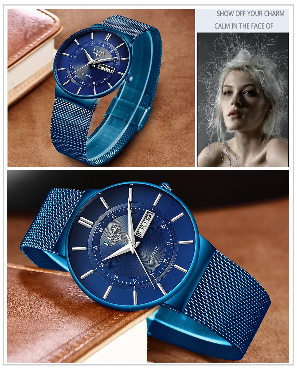 LIGE Women Watches Luxury Brand Ultra-thin Calendar Week Quartz Watch Ladies Clocks Mesh Stainless Steel Waterproof Reloj Mujer
