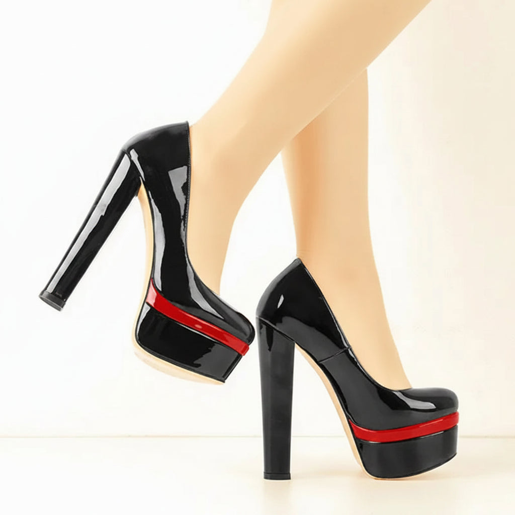 Black high-heeled shoes with a red stripe worn by a person on a white background, featuring the brand 'Only Maker'.