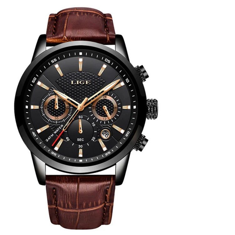 For LIGE 9866 New Men's Fashion Sport Quartz Watch Waterproof Business Dial Pointer Brand Leather Strap Alloy Relogio Masculino