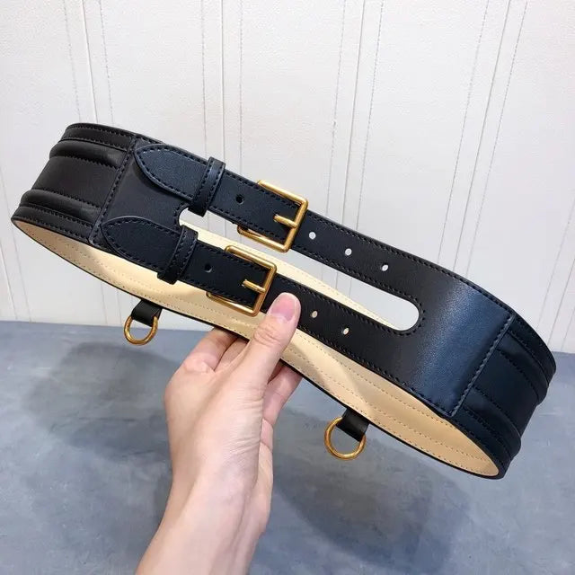 Light gold double needle buckle wide waist seal leather women's wide belt suit coat decoration Waist Wide Belt