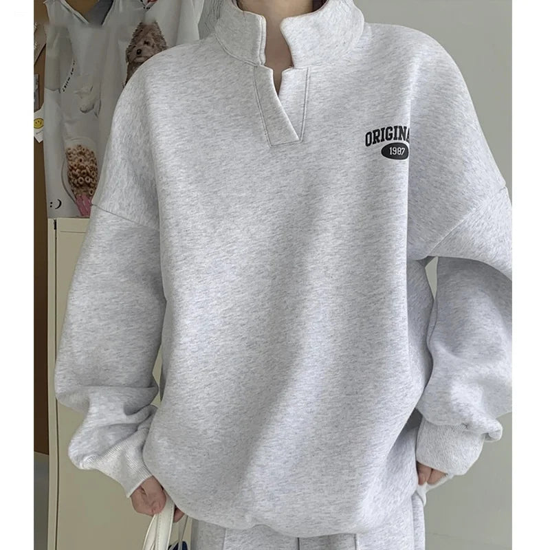 2023 Women Sweatshirt Suit Oversized Sets Female Stand Collar Loose Sweatshirt + Long Pants Suits Short Sets