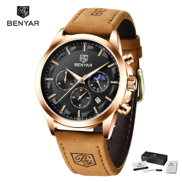 BENYAR 5160 Top Brand Men Quartz Wristwatches Fashion Sport Chronograph Watch Leather Waterproof Watch Men Reloj Hombre