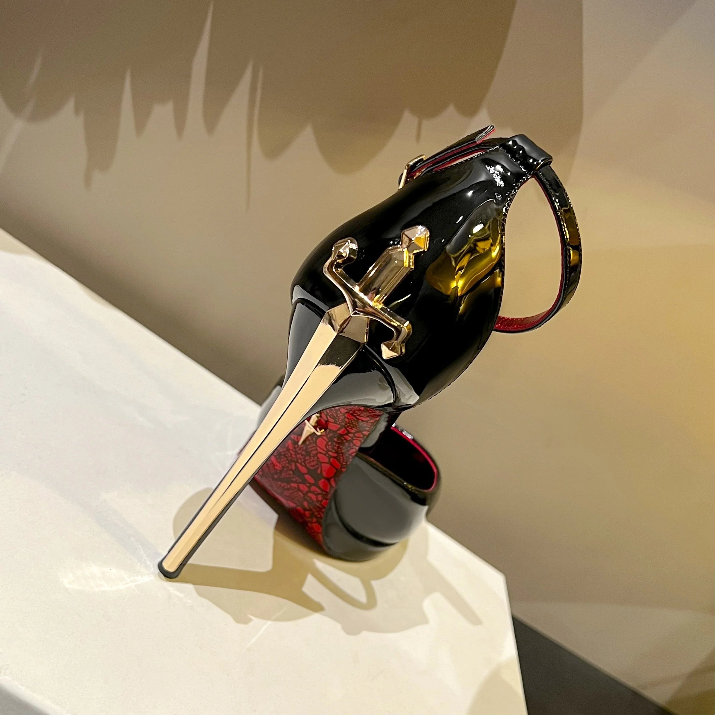 2026 New Model Gold Super High Stiletto Heel Red Sole Women's Royal Lady Style Pointed Toe Patent Leather Strap Sandals