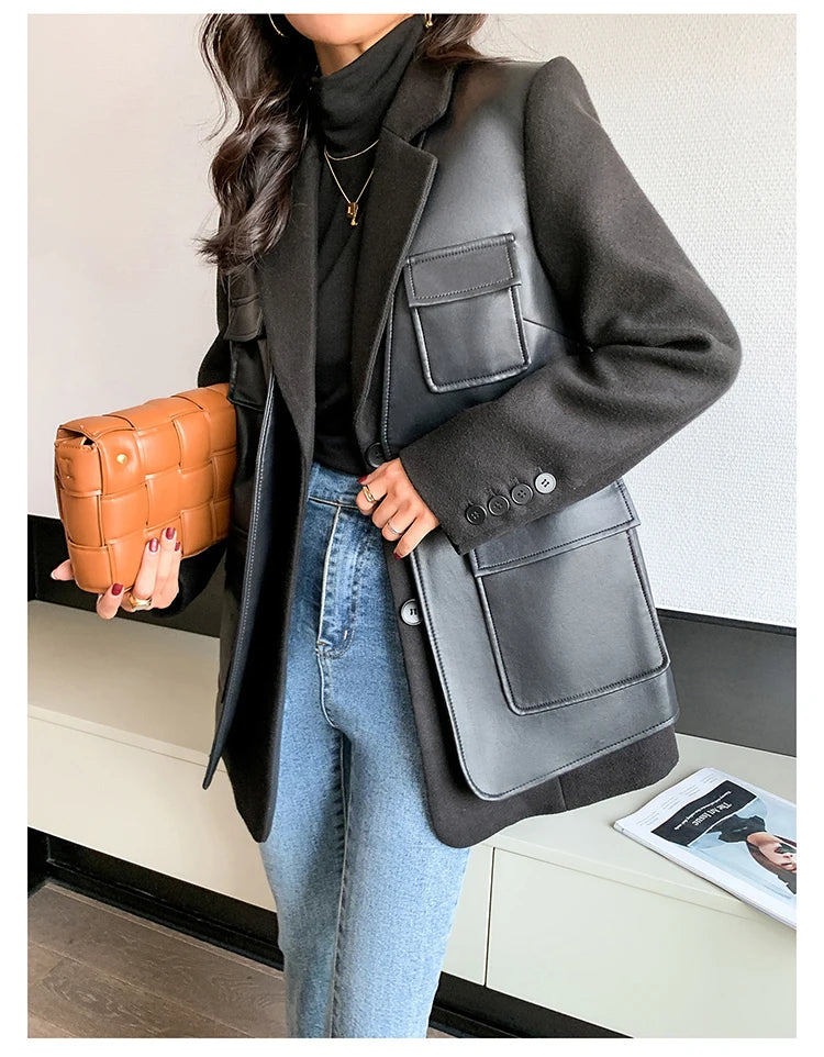 Patchwork Leather Jacket – Pockets – Faux Leather PU – Black | KIMLUD
