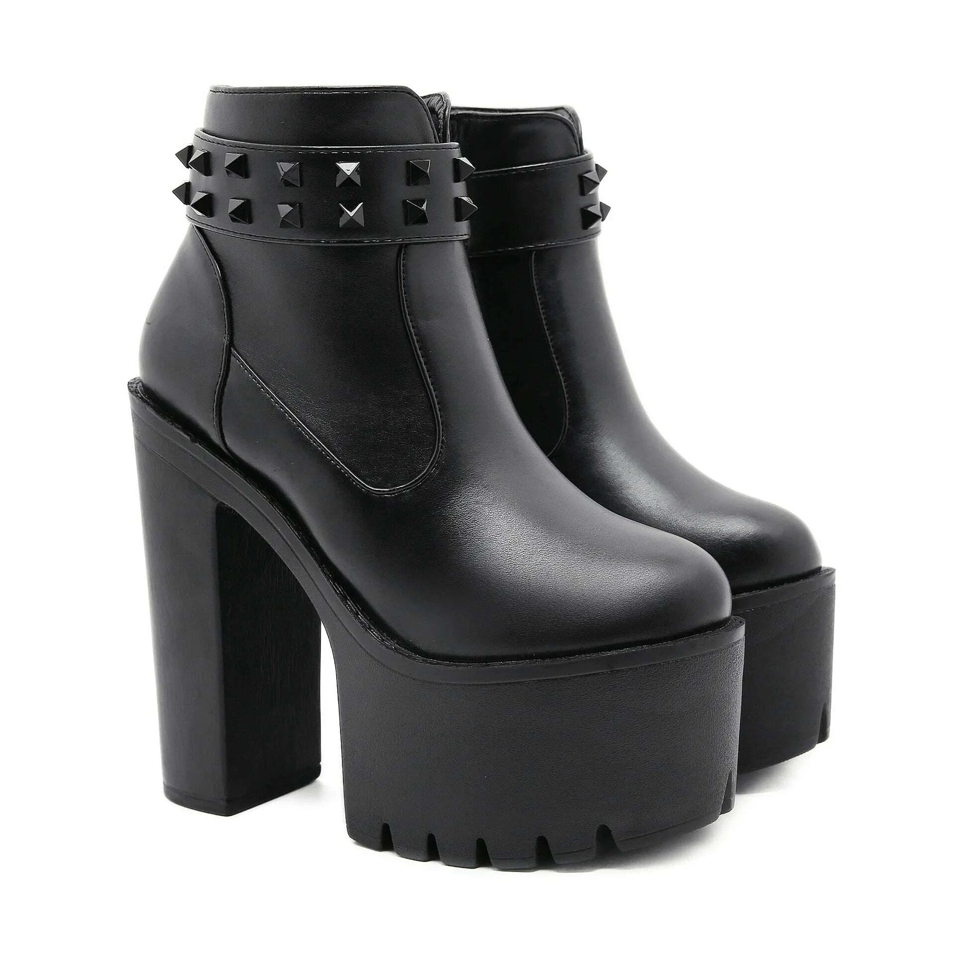 KIMLUD, Gothic Black Ankle Boots For Women Plus High Heel Female Shoes Lace-Up Nigh Club Black Sexy Rivets Short Bootsrd5, KIMLUD Womens Clothes