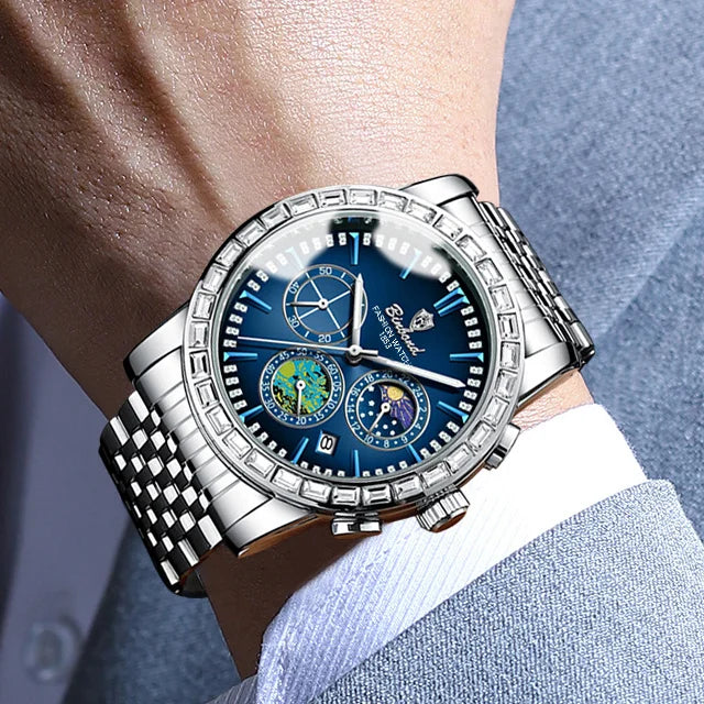 Stainless Steel Moon Phase Dial Watch — Silver | KIMLUD