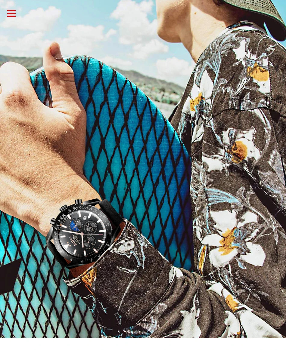 Leather Chronograph Watch Moon Phase — Black | KIMLUD