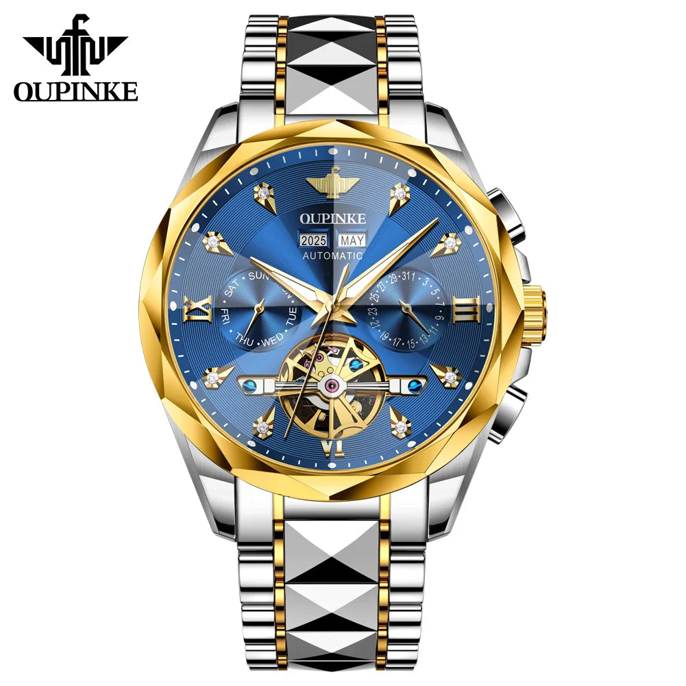 Oupinke 3316 Oem logo Hollow Design Business Tourbillon Waterproof Stainless Steel Luminous Automatic Mechanical Watch for Man