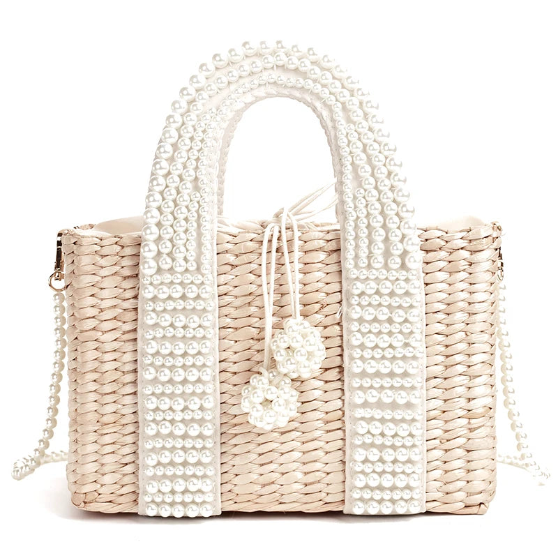 Straw Basket Tote Pearl Bead Trim — Natural | KIMLUD