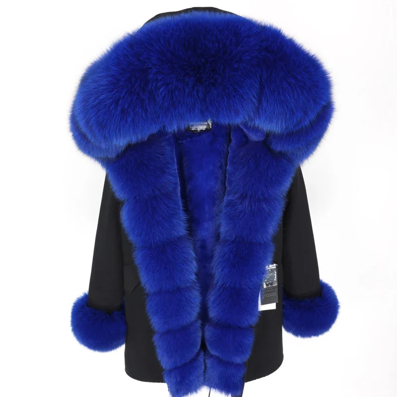 Maomaokong Winter Women Luxur Beige Fur Coat Natural Real Fox Fur Waterproof Jacket Hooded Thick Warm Fashion Long Black Parkas