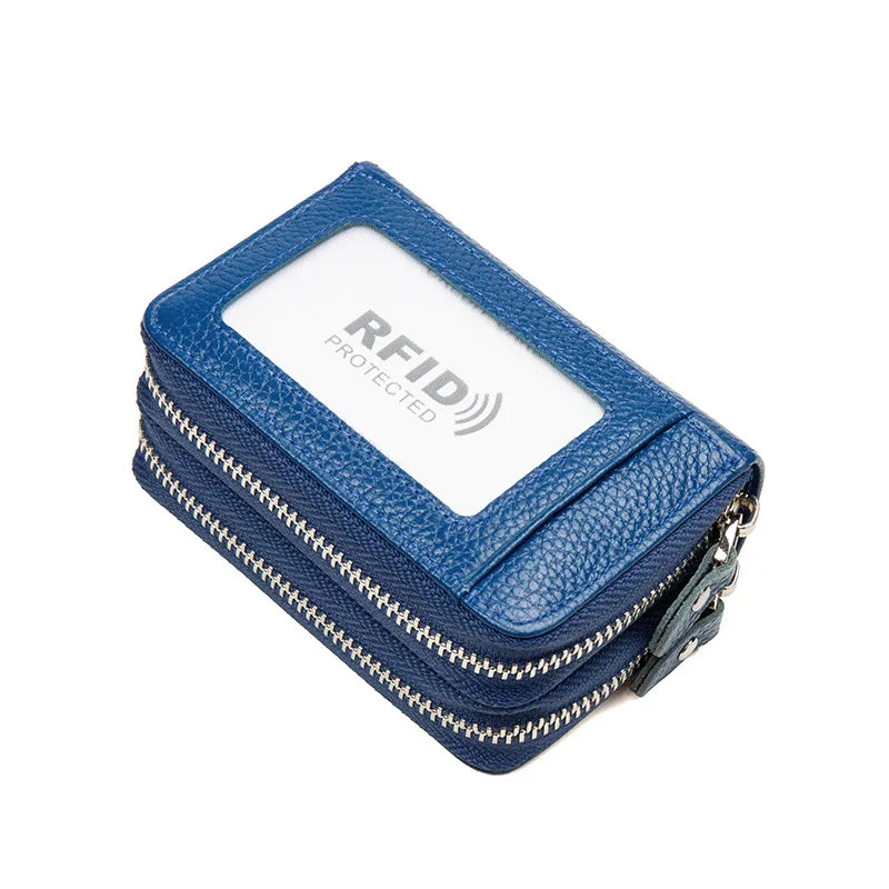 Genuine Leather Wallets RFID Blocking Double Zipper — Black | KIMLUD
