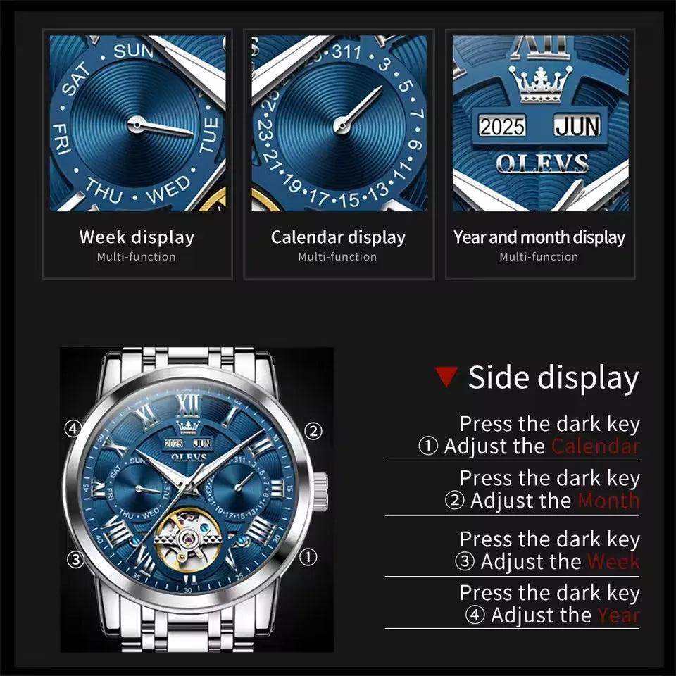 Stainless Steel Watch Moon Phase Luminous Tourbillon Automatic — Cobalt Blue | KIMLUD