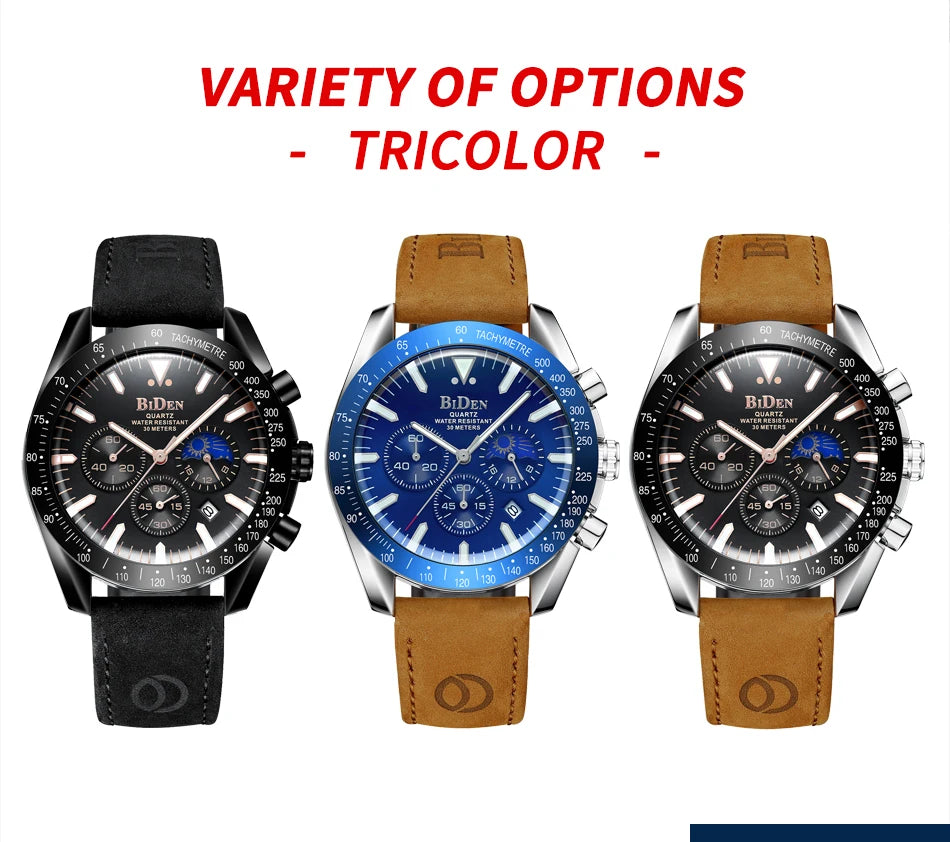Leather Chronograph Watch Moon Phase — Black | KIMLUD