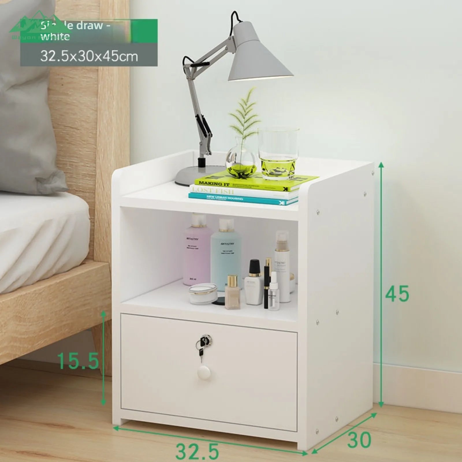 Solid Wood Bedside Cabinet With Lockable Drawers — Natural Light Wood | KIMLUD
