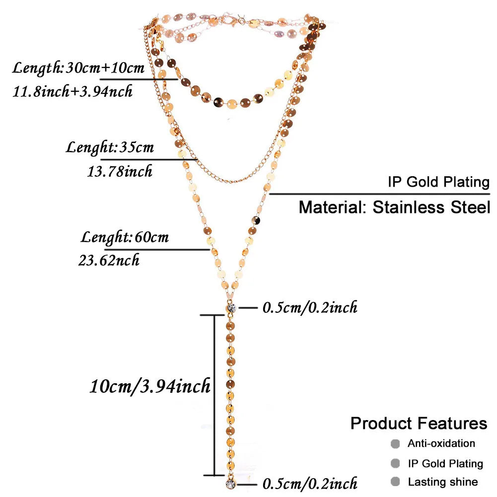 Stainless Steel Sexy Multilayer Sequins Chain Tassel Crystal Pendant Necklace For Woman Y Shape Disc Choker Necklace