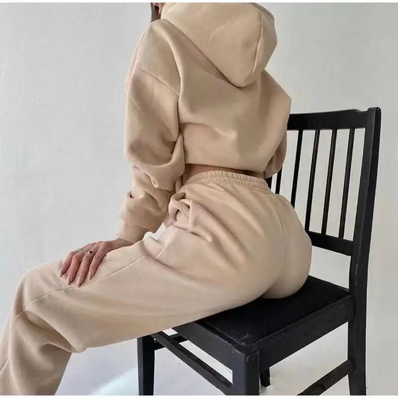 Oversized Tracksuit Set Two Piece Winter Fleece Hoodie and Sweatpants Cozy Warmth — Beige | KIMLUD