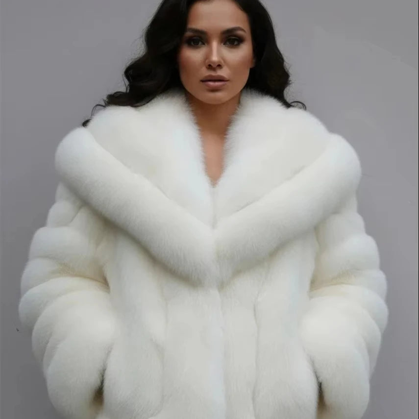 fox Fur Coat Red pink Women's Fox Fur Jacket with Big Shawl Collar Winter Outerwear Furry Elegant Fox Fur White Coat Mink Coat