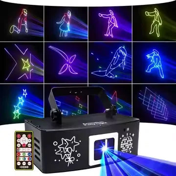 YSH 1W Laser DJ Lights 3D Animated Club Decorative Lighting Remote Control Sound Activated for Indoor/Outdoor Holidays Metal