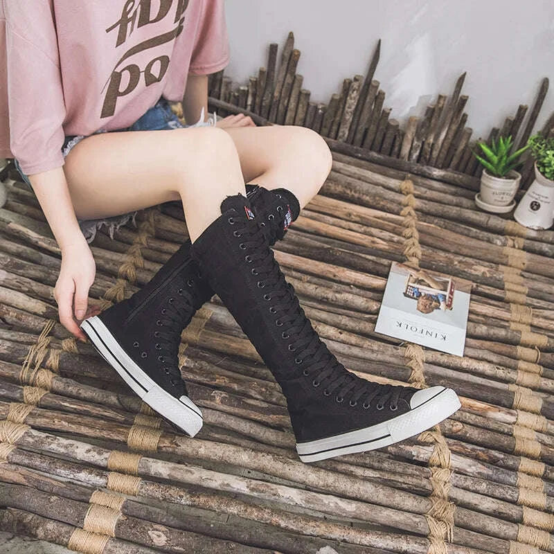 KIMLUD, Canvas Long Boots for Women High Top Women Canvas Shoes Lace Up Knee High Boots Flats Casual Vulcanized Shoes Sneakers Girls, KIMLUD Womens Clothes