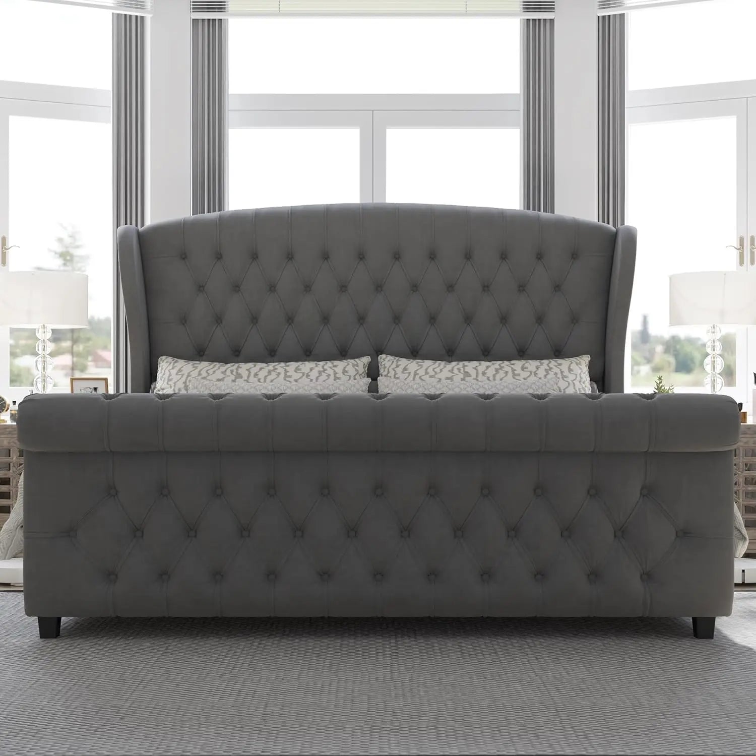 Velvet Upholstered Tufted Sleigh Bed — Gray | KIMLUD
