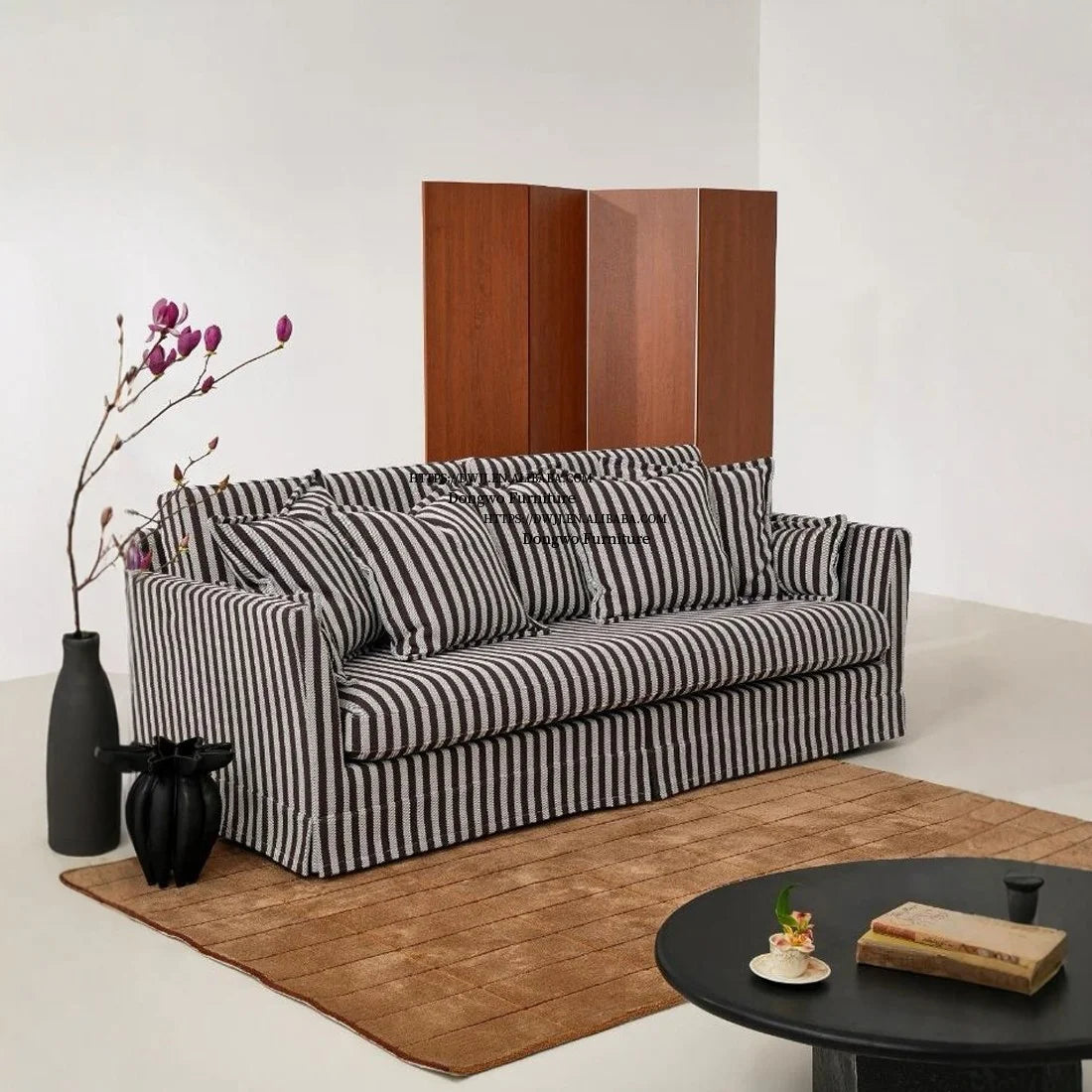North European and American Style Rural Linen Striped Fabric Three Seater Sofa, Fully Disassembled and Washed Furniture