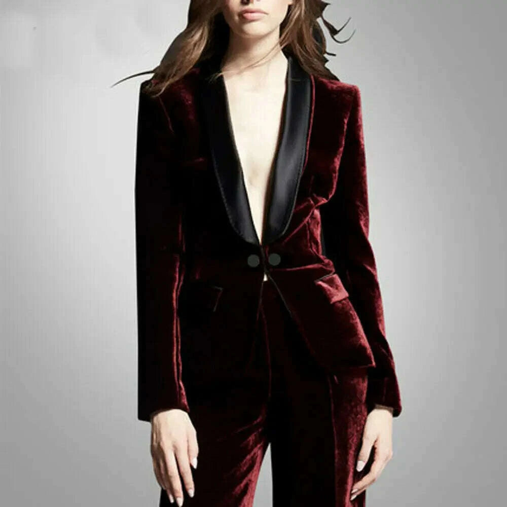 KIMLUD, Burgundy Velvet Women's suit 2 Pcs Shawl Lapel Blazer+Pants Velour Prom Suit Wedding Tuxedos Pant Sets, KIMLUD Womens Clothes
