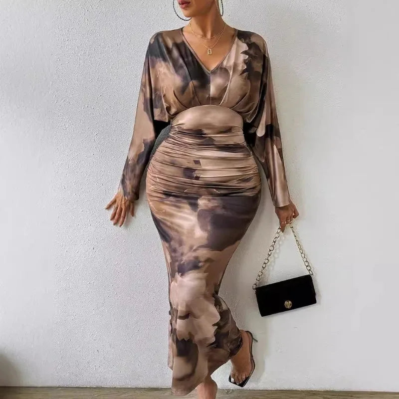 V-Neck Pleated Dress Long Sleeve — Cocoa Brown | KIMLUD