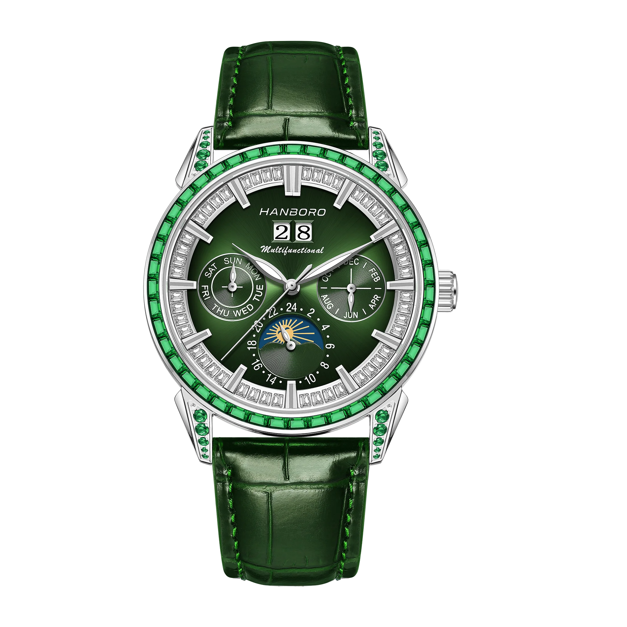 HANBORO Men's Luxury Automatic Mechanical Sports Watch Hollow Pointer Full Diamonds Calendar Luminous Stainless Steel