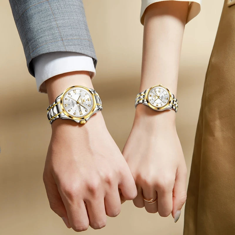Luxury Unisex Olevs Stainless Steel Quartz Waterproof Couple Watch for Lovers