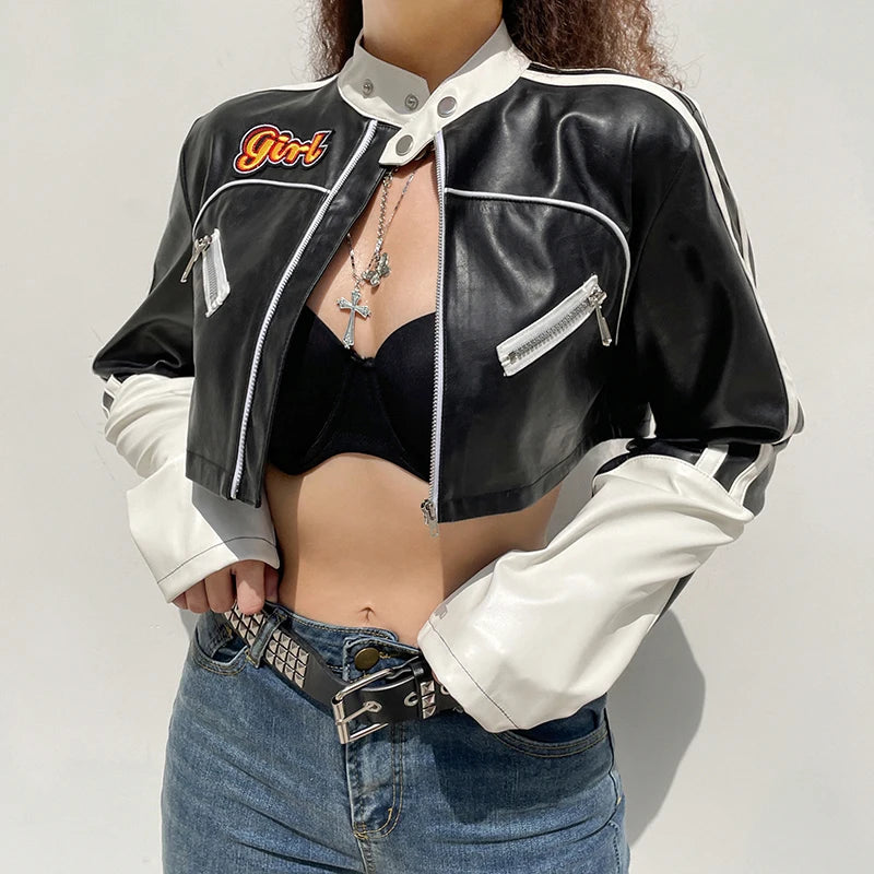 Darlingaga Streetwear Punk Style Patchwork Cropped PU Leather Jacket Women Zipper Autumn Winter Jacket Contrast Color Basic Coat
