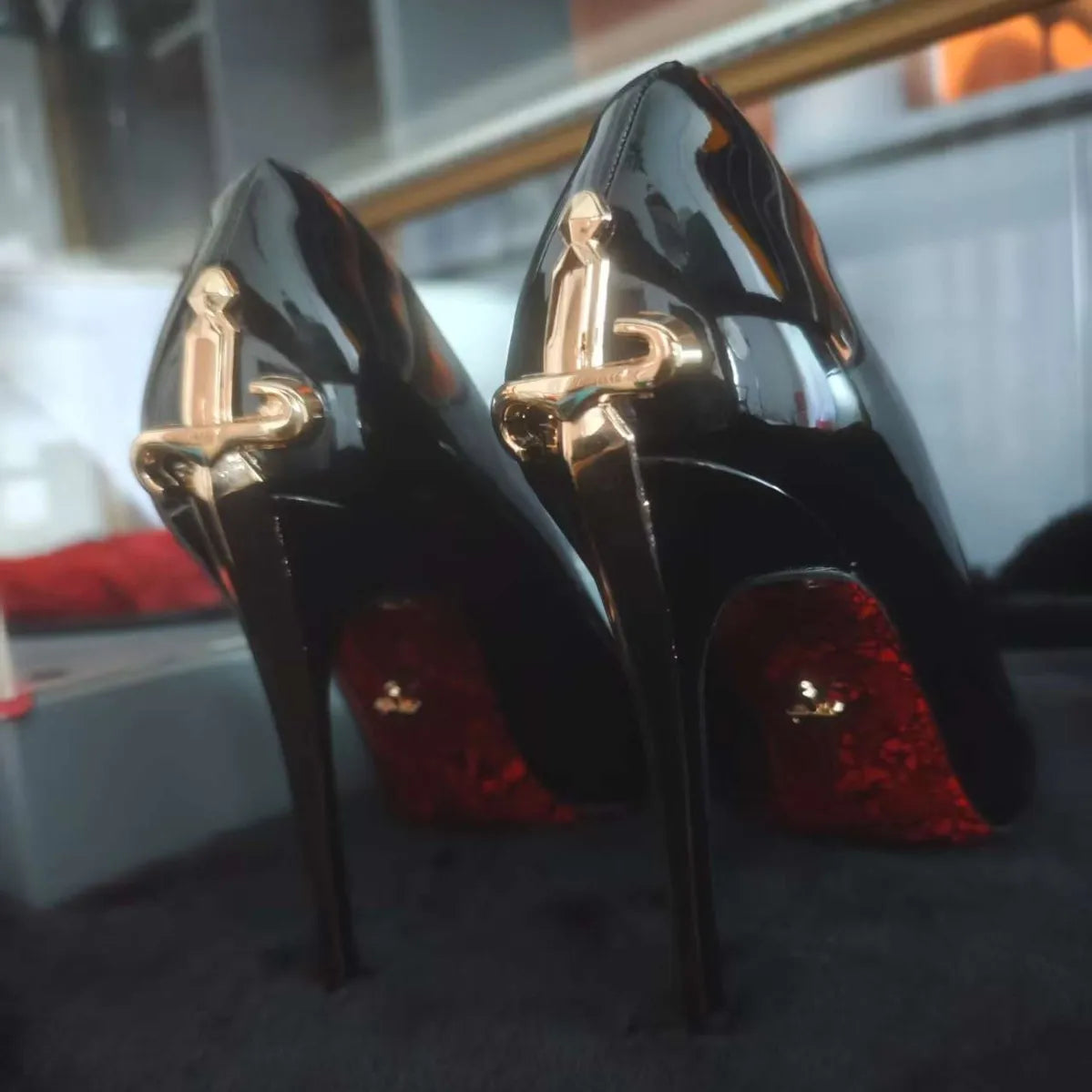 Microfiber Stiletto Open-Toe Red Bottom — Black | KIMLUD