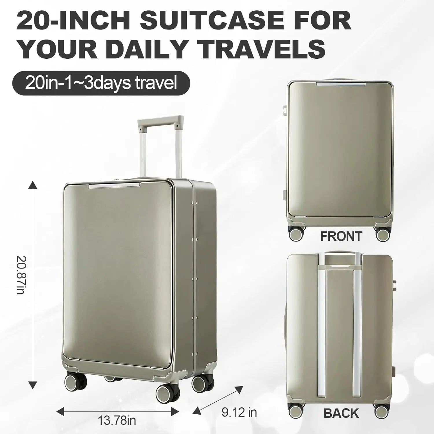 Polycarbonate Carry-On Luggage Front-Opening 20-Inch Lightweight TSA Lock — Grey | KIMLUD